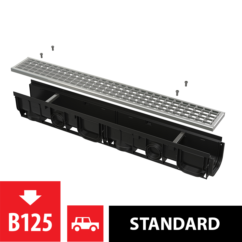 Дренажный канал AlcaPlast 100 мм с пластиковой рамой и оцинкованной решеткой B125 AVZ102-R
