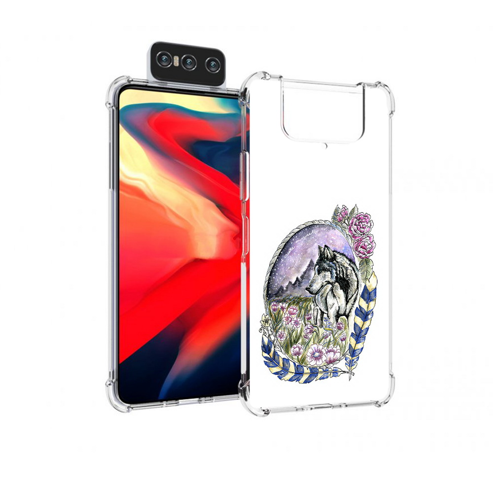 

Чехол MyPads Tocco для Asus Zenfone 8 Flip нарисованный волк в цветах с перьями, Прозрачный, Tocco