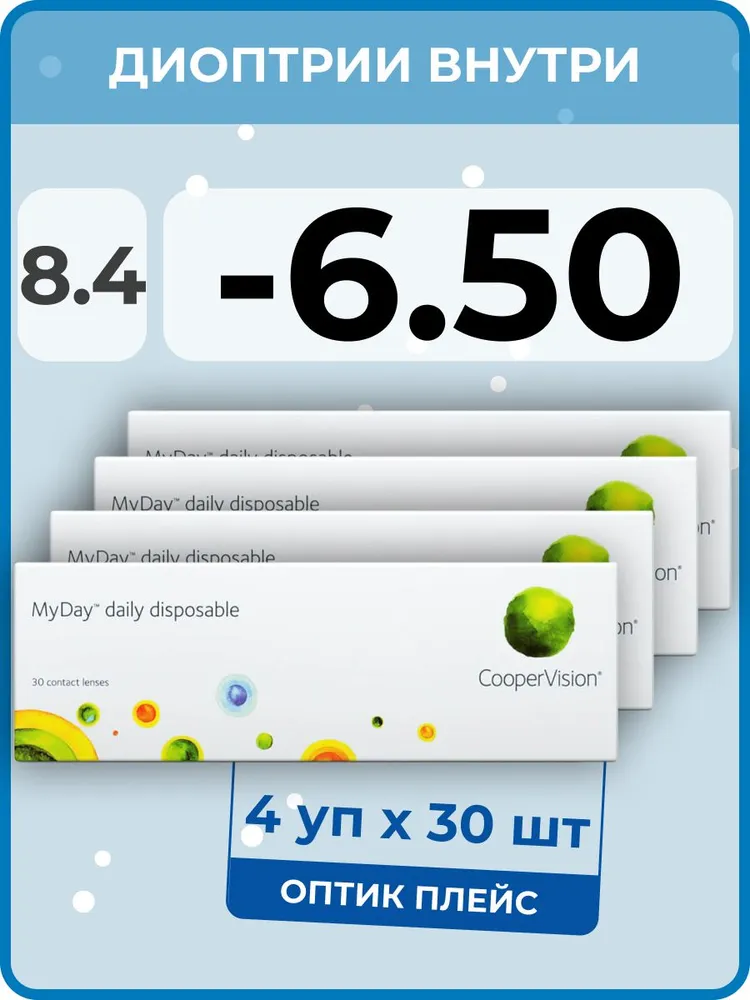 

Контактные линзы MyDay Daily Disposable 4 упаковки по 30 линз, R 8,4 SPH -6,50