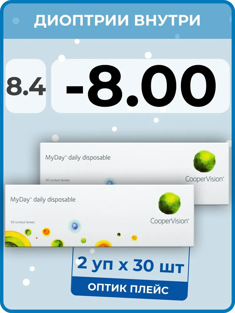 

Контактные линзы MyDay Daily Disposable 2 упаковки по 30 линз, R 8,4 SPH -8,00