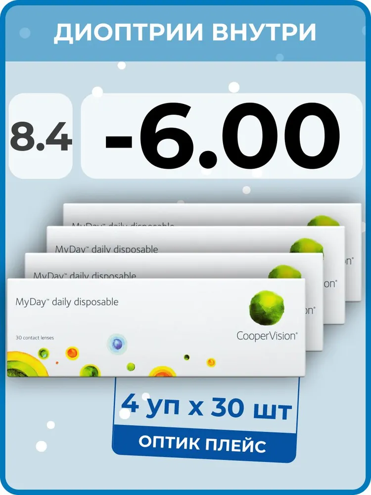 Контактные линзы MyDay Daily Disposable 4 упаковки по 30 линз, R 8,4 SPH -6,00