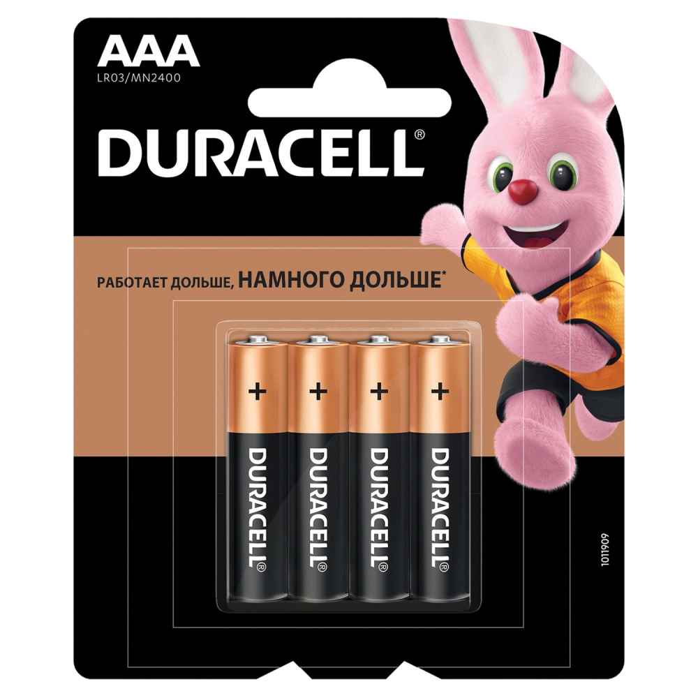 Батарейки КОМПЛЕКТ 4 шт., DURACELL Basic, AAA (LR03, 24А), алкалиновые, мизинчиковые, блис 100041406161