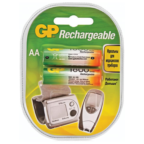 

Батарейки аккумуляторные КОМПЛЕКТ 2 шт., GP, АА (HR6), Ni-Mh, 1800 mAh, блистер, 180AAHC-2