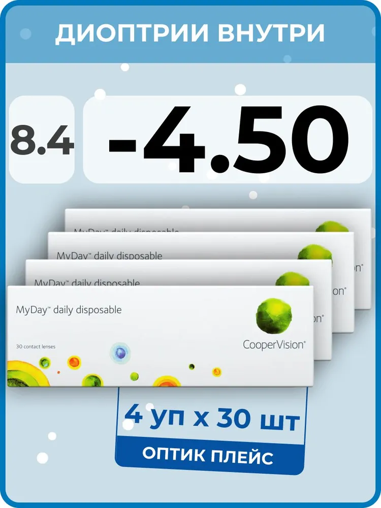 

Контактные линзы MyDay Daily Disposable 4 упаковки по 30 линз, R 8,4 SPH -4,50