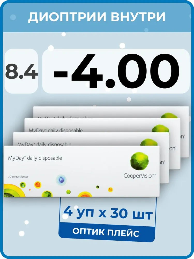 

Контактные линзы MyDay Daily Disposable 4 упаковки по 30 линз, R 8,4 SPH -4,00