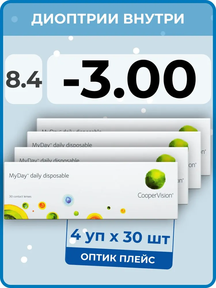 

Контактные линзы MyDay Daily Disposable 4 упаковки по 30 линз, R 8,4 SPH -3,00
