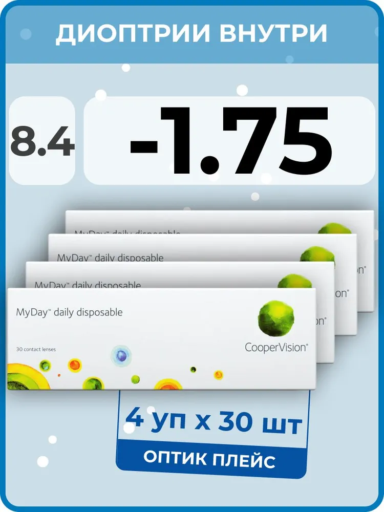 

Контактные линзы MyDay Daily Disposable 4 упаковки по 30 линз, R 8,4 SPH -1,75