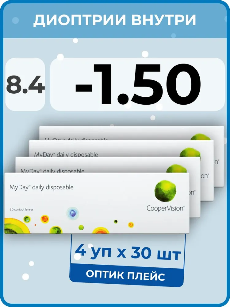 

Контактные линзы MyDay Daily Disposable 4 упаковки по 30 линз, R 8,4 SPH -1,50