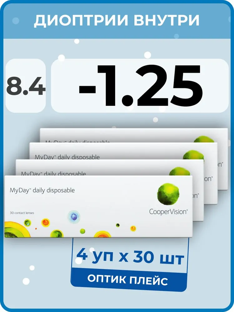 

Контактные линзы MyDay Daily Disposable 4 упаковки по 30 линз, R 8,4 SPH -1,25