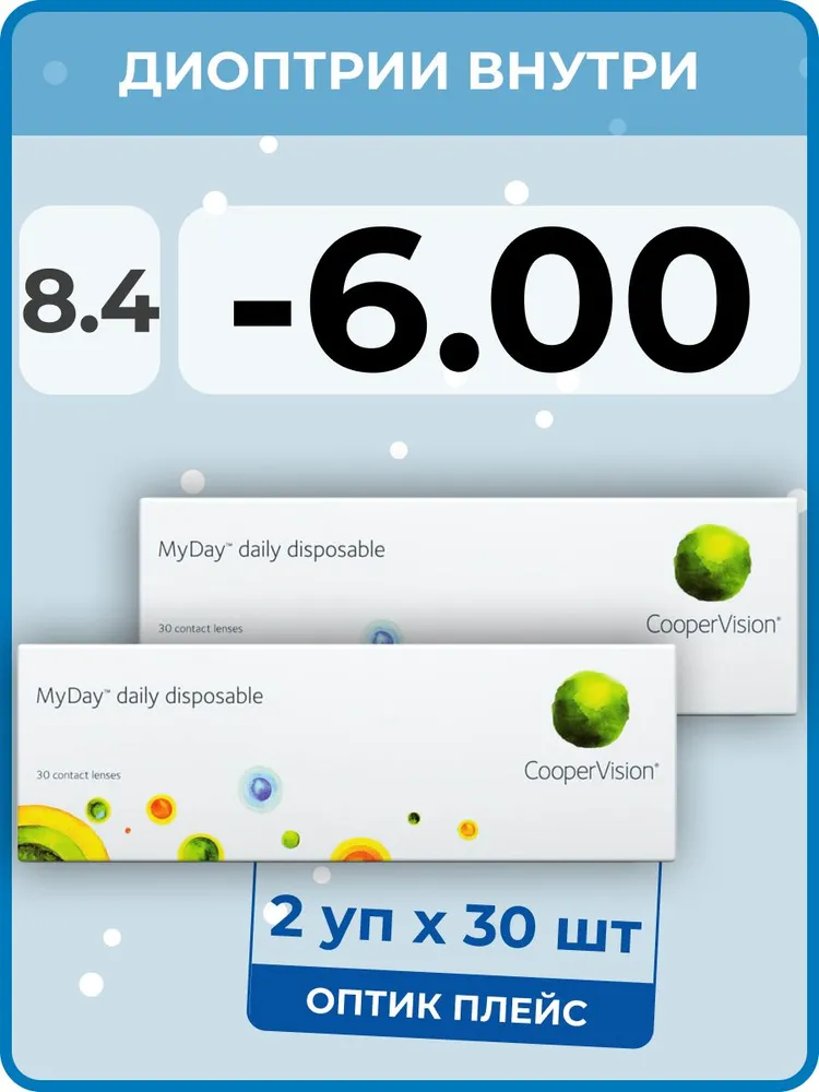 Контактные линзы MyDay Daily Disposable 2 упаковки по 30 линз, R 8,4 SPH -6,00