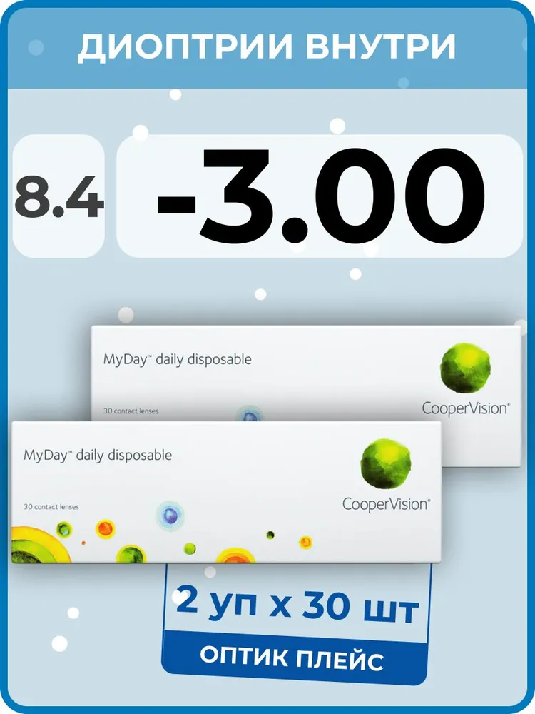 

Контактные линзы MyDay Daily Disposable 2 упаковки по 30 линз, R 8,4 SPH -3,00