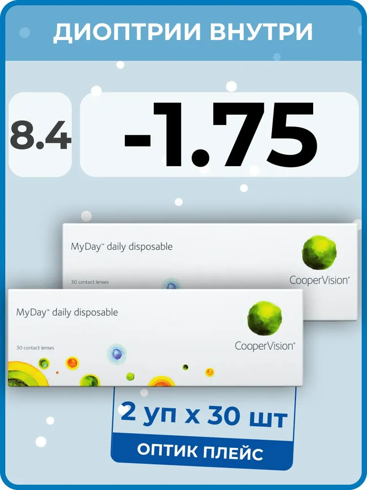 

Контактные линзы MyDay Daily Disposable 2 упаковки по 30 линз, R 8,4 SPH -1,75