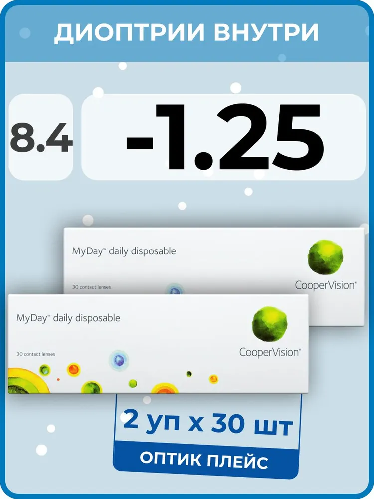 

Контактные линзы MyDay Daily Disposable 2 упаковки по 30 линз, R 8,4 SPH -1,25