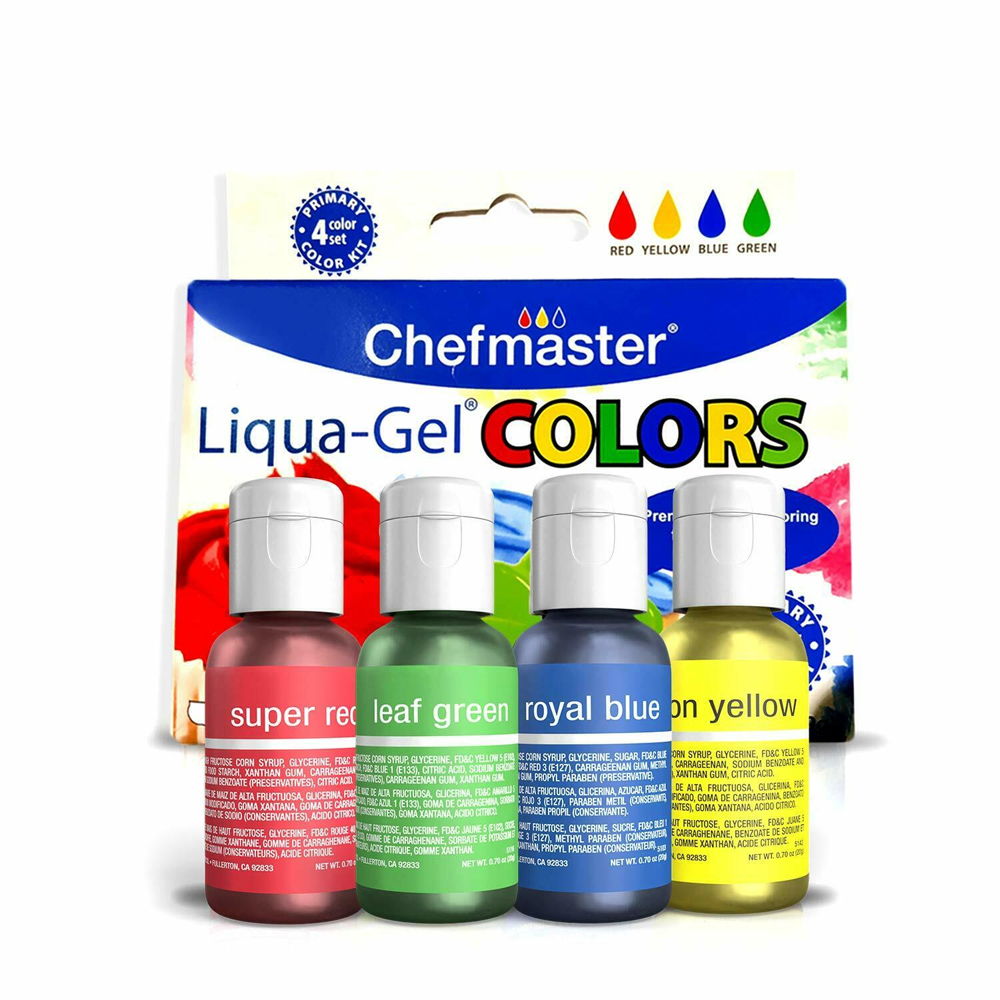 фото Краски гелевые набор основные цвета liqua-gel colors chefmaster primary, 4 цвета по 20 гр.