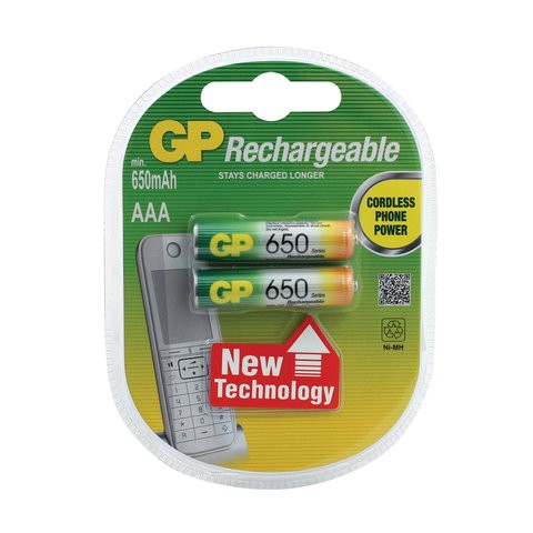 фото Батарейки аккумуляторные gp, aaa, ni-mh, 650 mah, комплект 2 шт., в блистере, 65аaанс-uc2