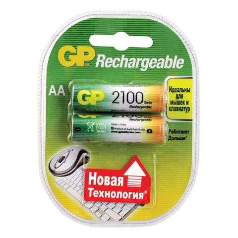 фото Батарейки аккумуляторные gp, аа, ni-mh, 2100 mah, комплект 2 шт., в блистере, 210аансb-uc2