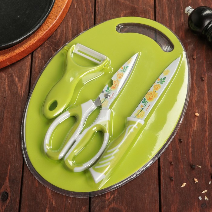фото Кнр нож, ножницы с антиналипающим покрытием, овощечистка, зеленый