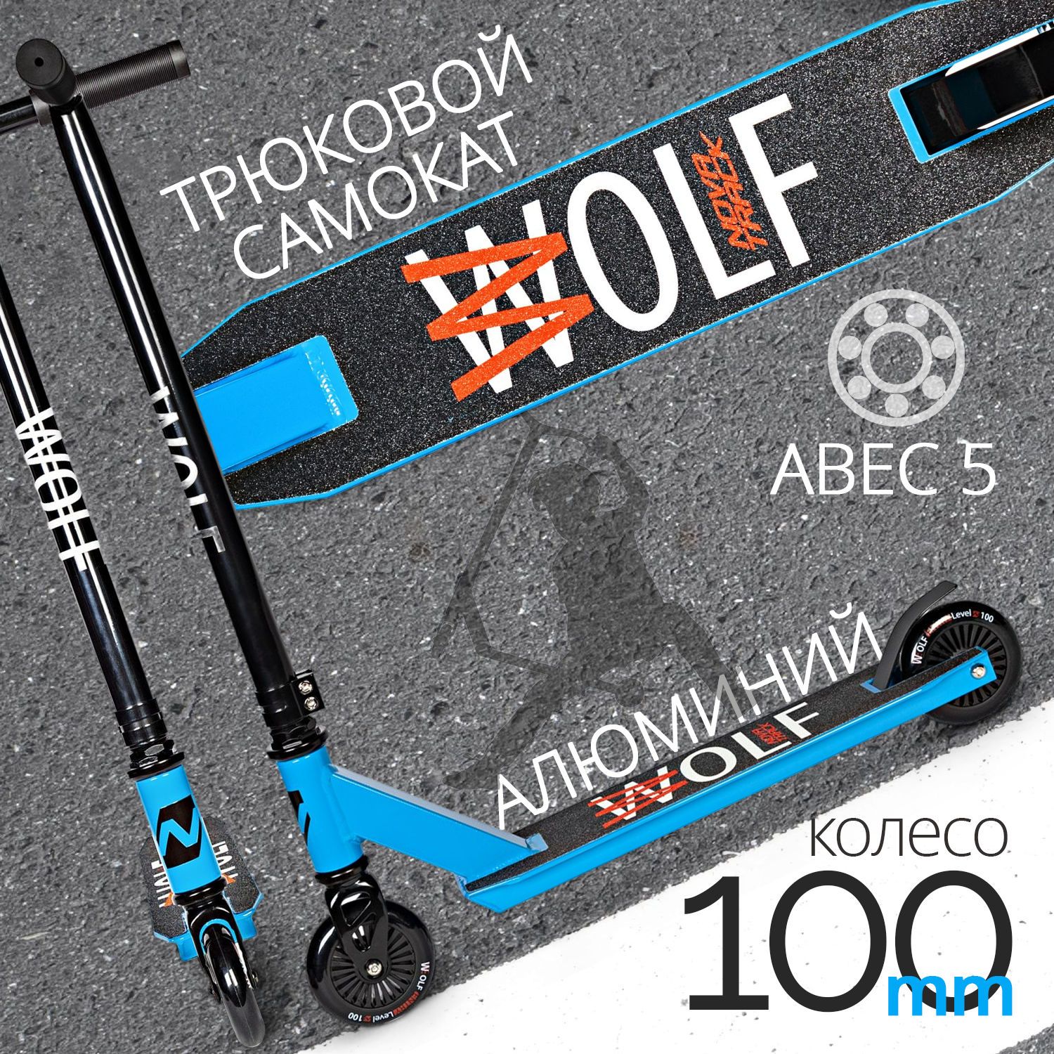 Самокат Novatrack Wolf JR, 100 мм, синий