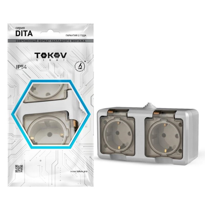 фото Розетка tokov electric, dita, 2-м, 16а, ip54, 250в, с з/к, с прозр. кр, серый