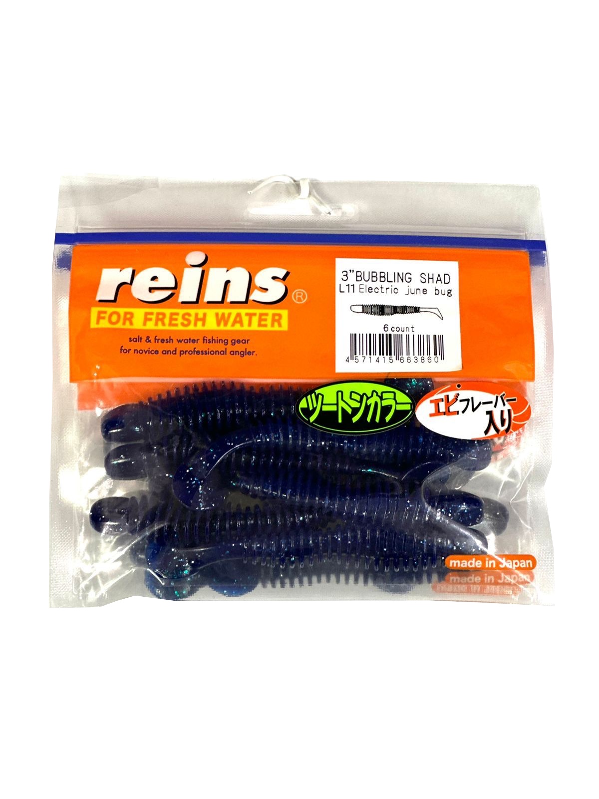 

Мягкая приманка для рыбалки REINS BUBBRING SHAD 3 Цв. L11 Electric june bug, Синий, Bubbring Shad