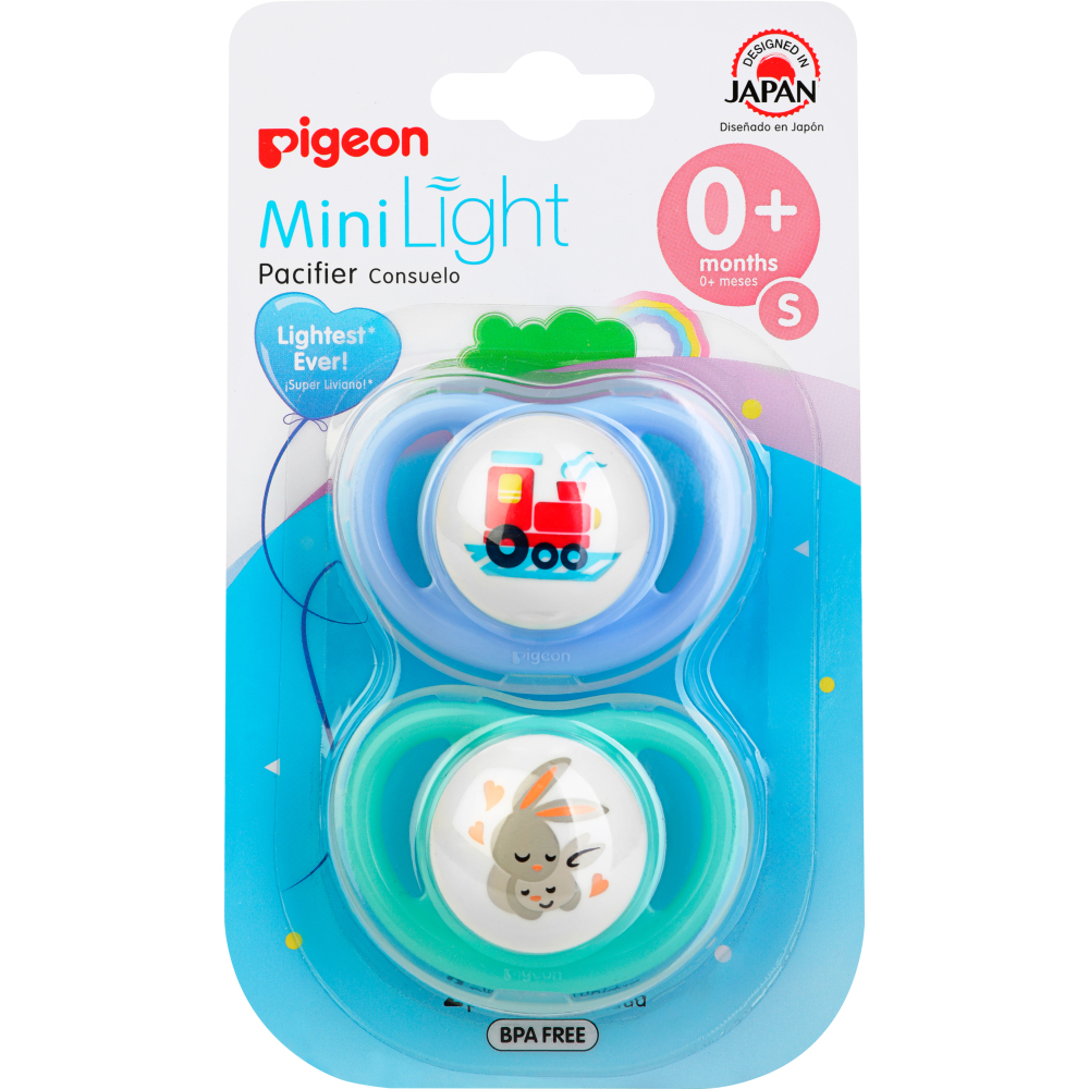 Пустышки Pigeon MiniLight Паровозик+Зайчики 0+ мес (размер S), 2шт