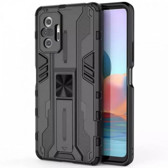 Противоударный чехол-подставка для Xiaomi Redmi Note 10 Pro Max с защитой камеры (черный)