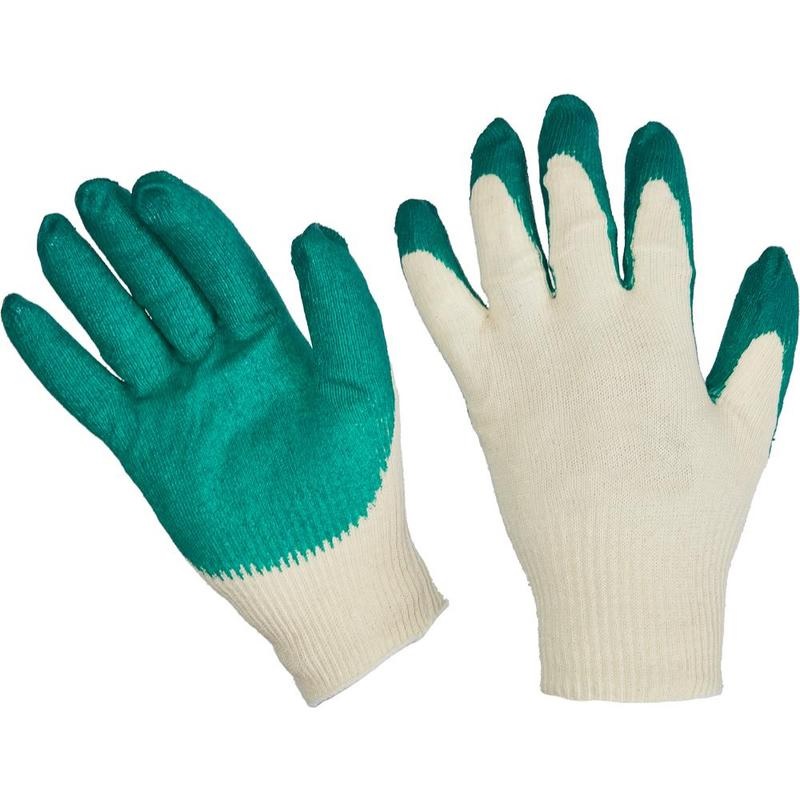 Перчатки защитные эконом хлопковые с латексные покрытием зеленые (13 класс, размер 10, XL,