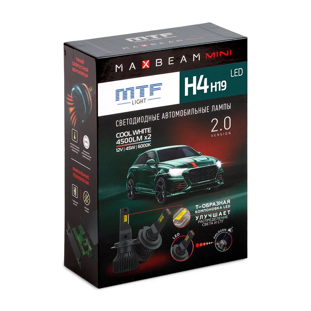 

Светодиодные лампы MTF Light, серия MaxBeam Mini, H4/H19, 12V, 45W, 4500lm, 6000K,