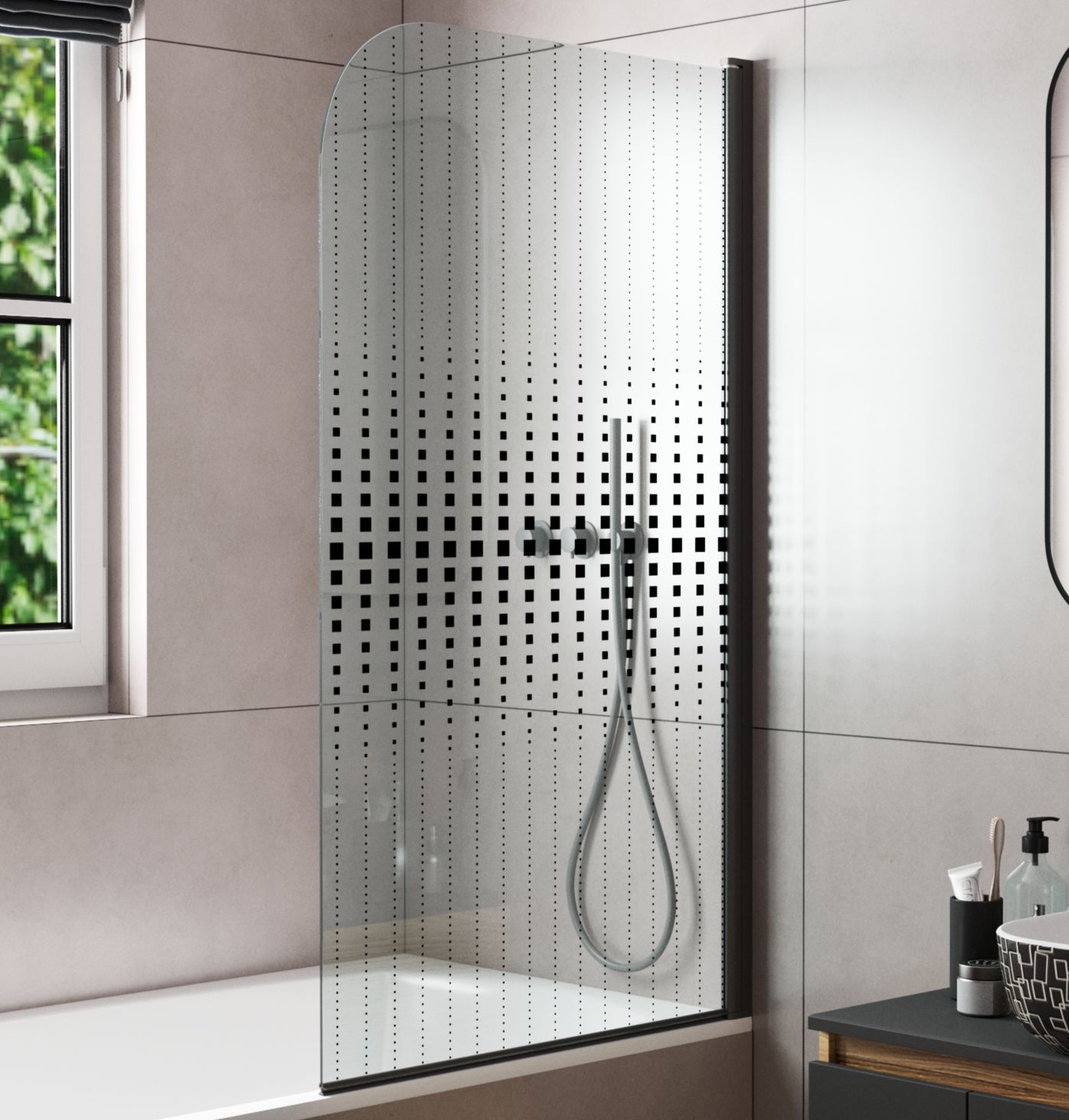 Шторка на ванну BAUEDGE поворотная 140x80, прозрачное стекло черная мозаика