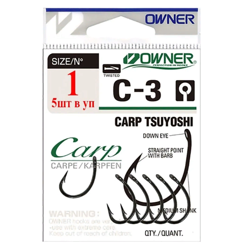 

Одинарные крючки Owner Curve Shank №1 BС, с колечком, прямое острие, с бородкой, Черный, Carp Tsuyoshi