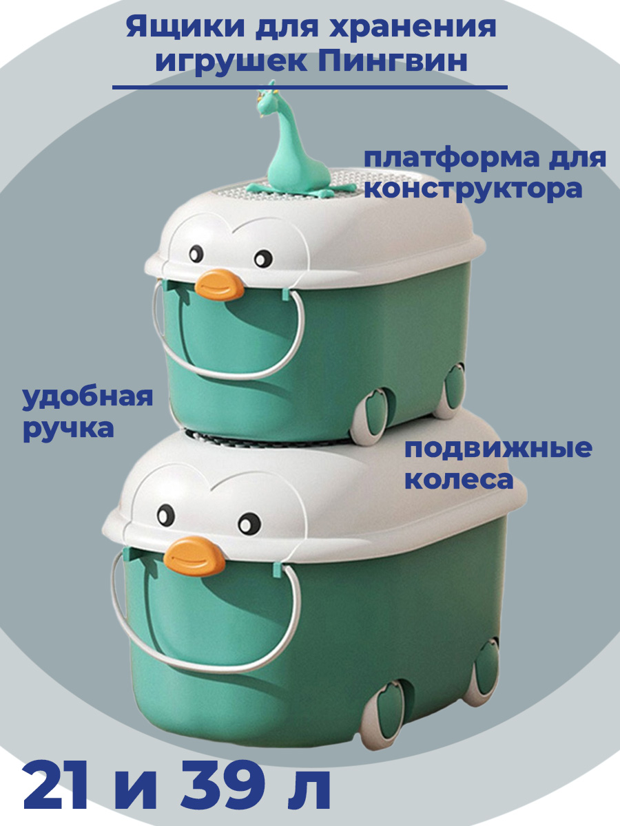 Контейнеры для хранения игрушек StarFriend Пингвин 21 и 39 литров 2 в 1 бирюзовые