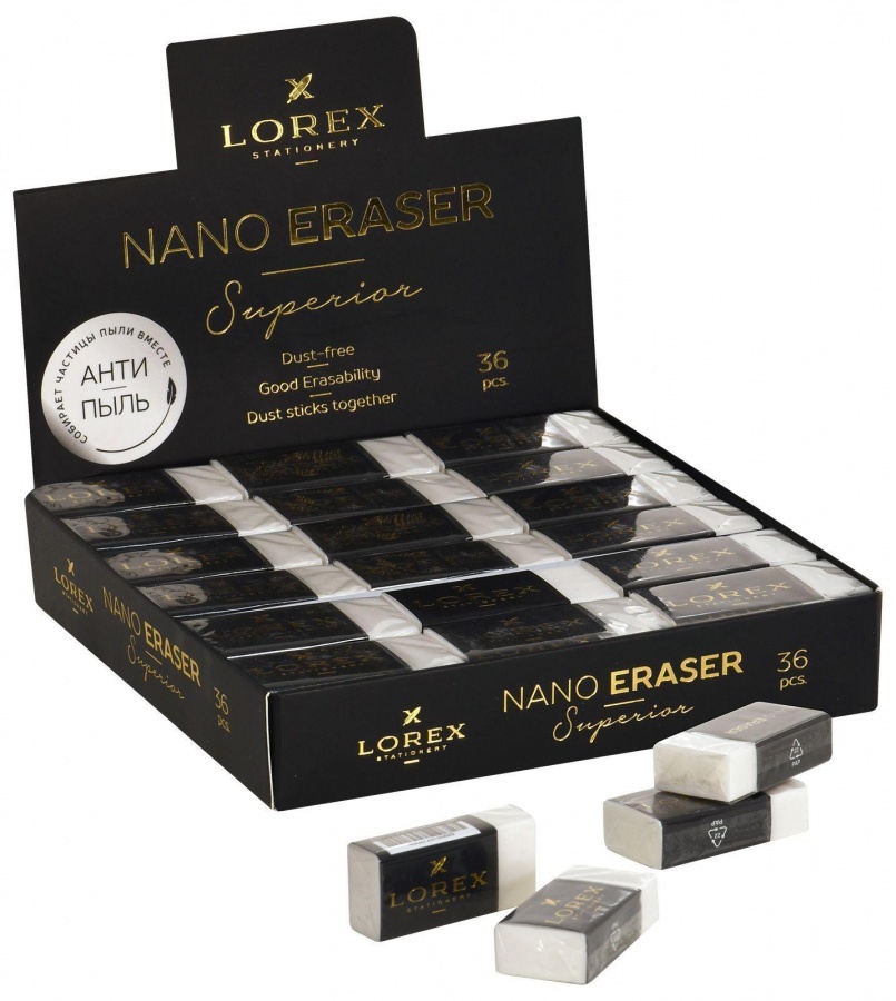 

Ластик Lorex Nano Superior ПВХ 40х20х11мм прямоугольный индивидуальная упаковка 36шт, Белый