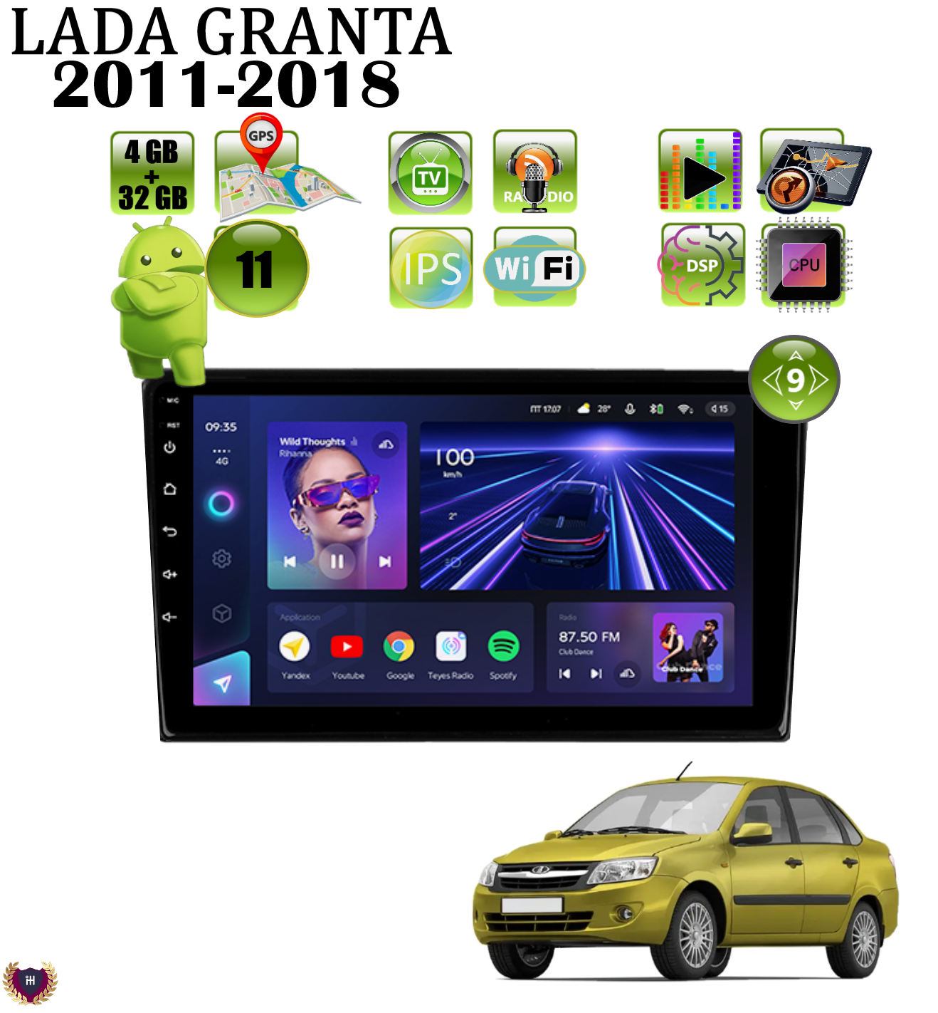 Автомагнитола Podofo для Lada Granta (2011-2018), Android 11, 4/32 Gb, Wi-Fi, GPS, IPS