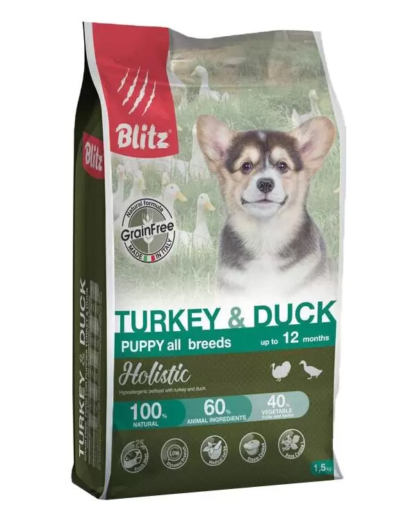 

Сухой корм для щенков BLITZ HOLISTIC GRAIN FREE PUPPY с индейкой и уткой 4шт по 1,5кг