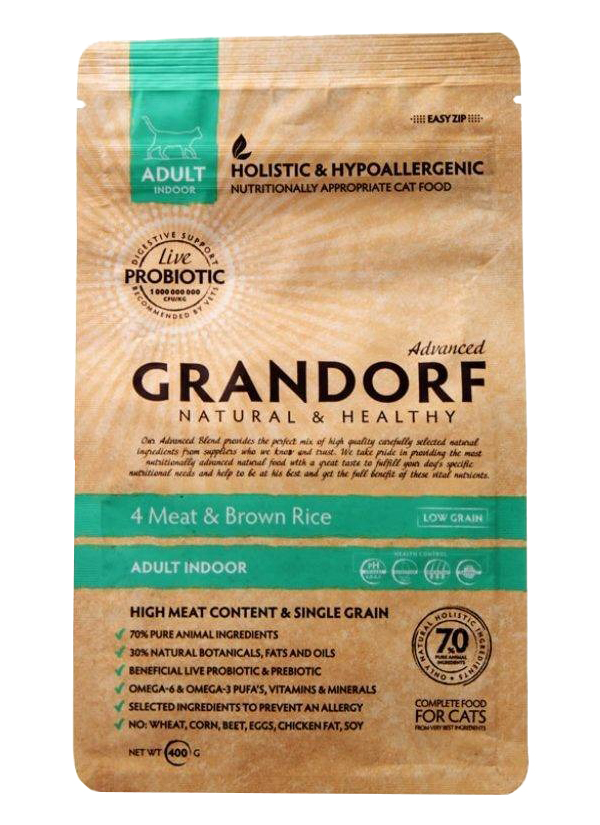 

GRANDORF GRANDORF CAT LIVING PROBIOTICS 4 MEAT & RICE INDOOR низкозерновой с живыми пробио