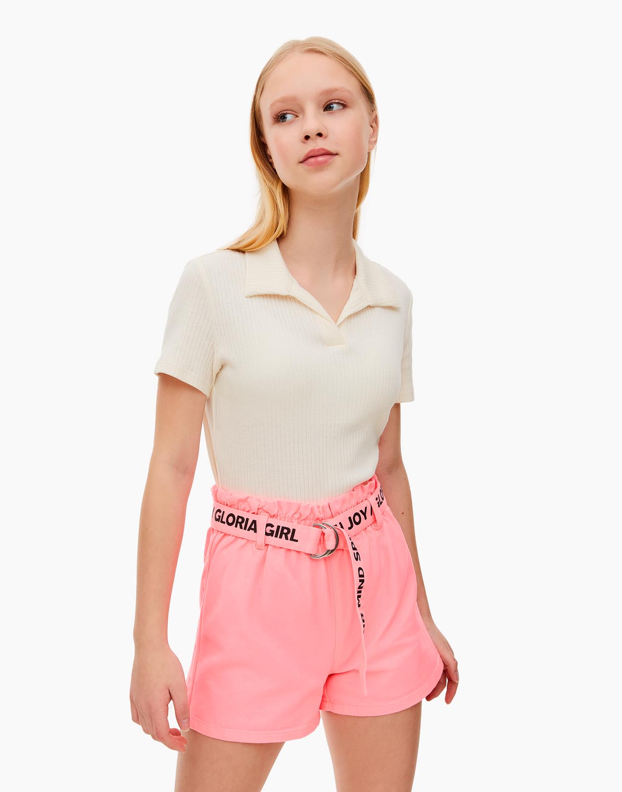 Розовые джинсовые шорты Paperbag с поясом для девочки р.152