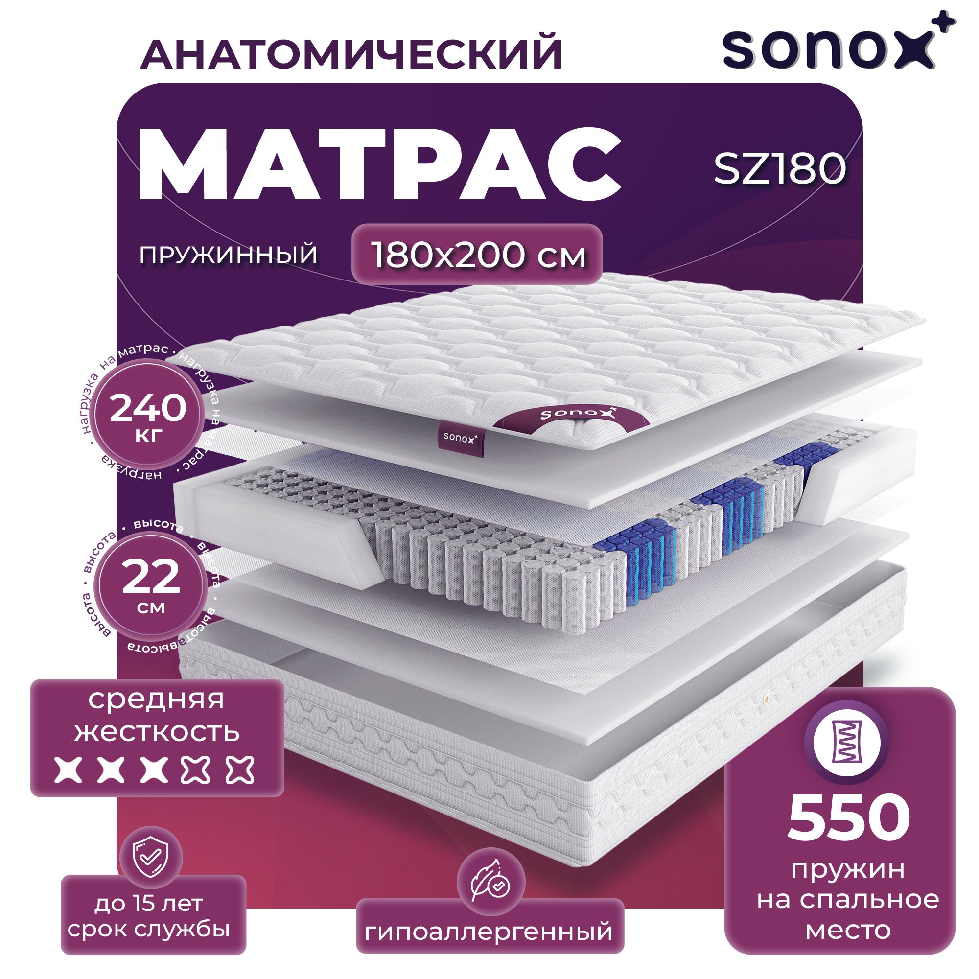 Матрас ортопедический SONOX 180х200 пружинный SZ180200