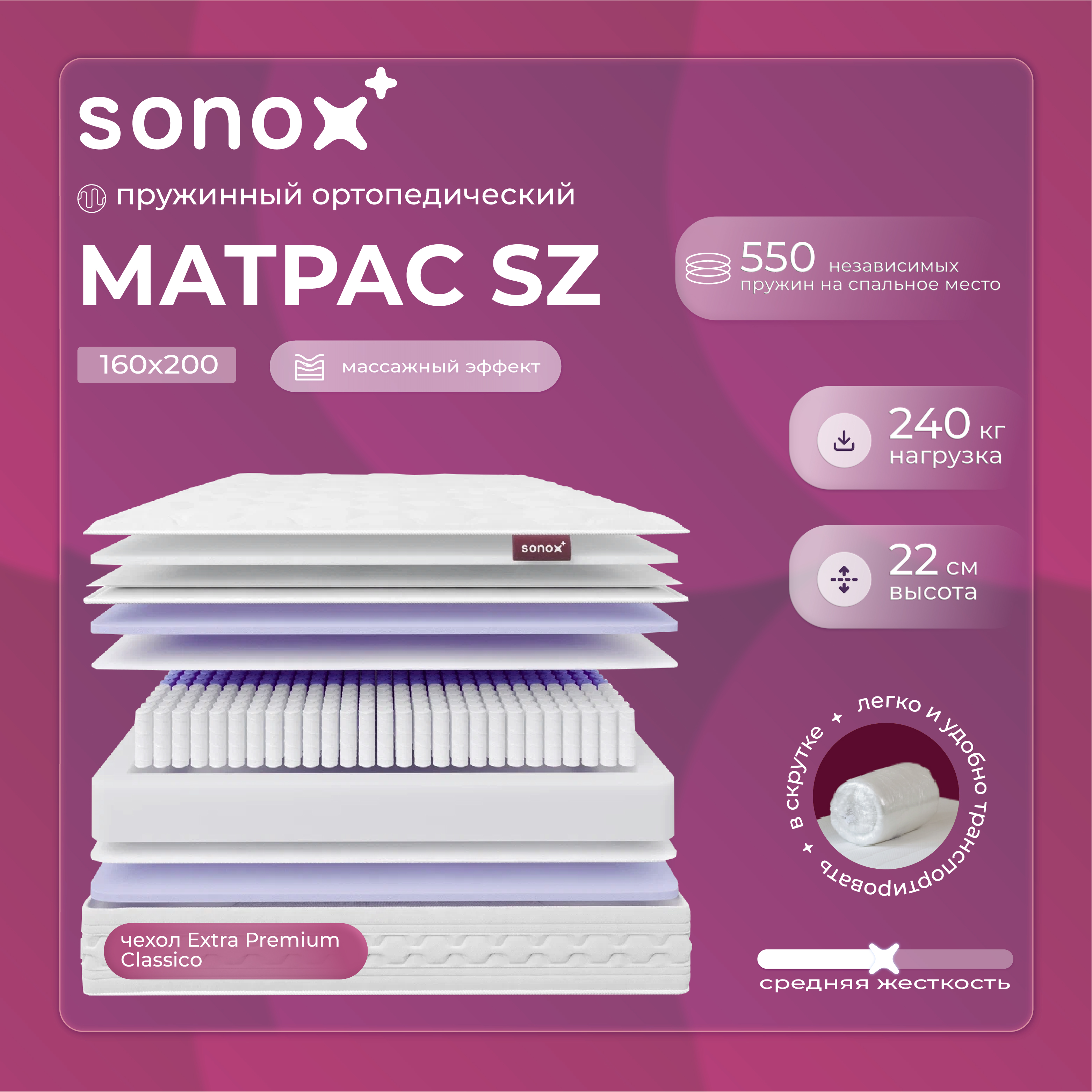 

Матрас ортопедический SONOX 160х200 пружинный SZ160200, Белый, SZ