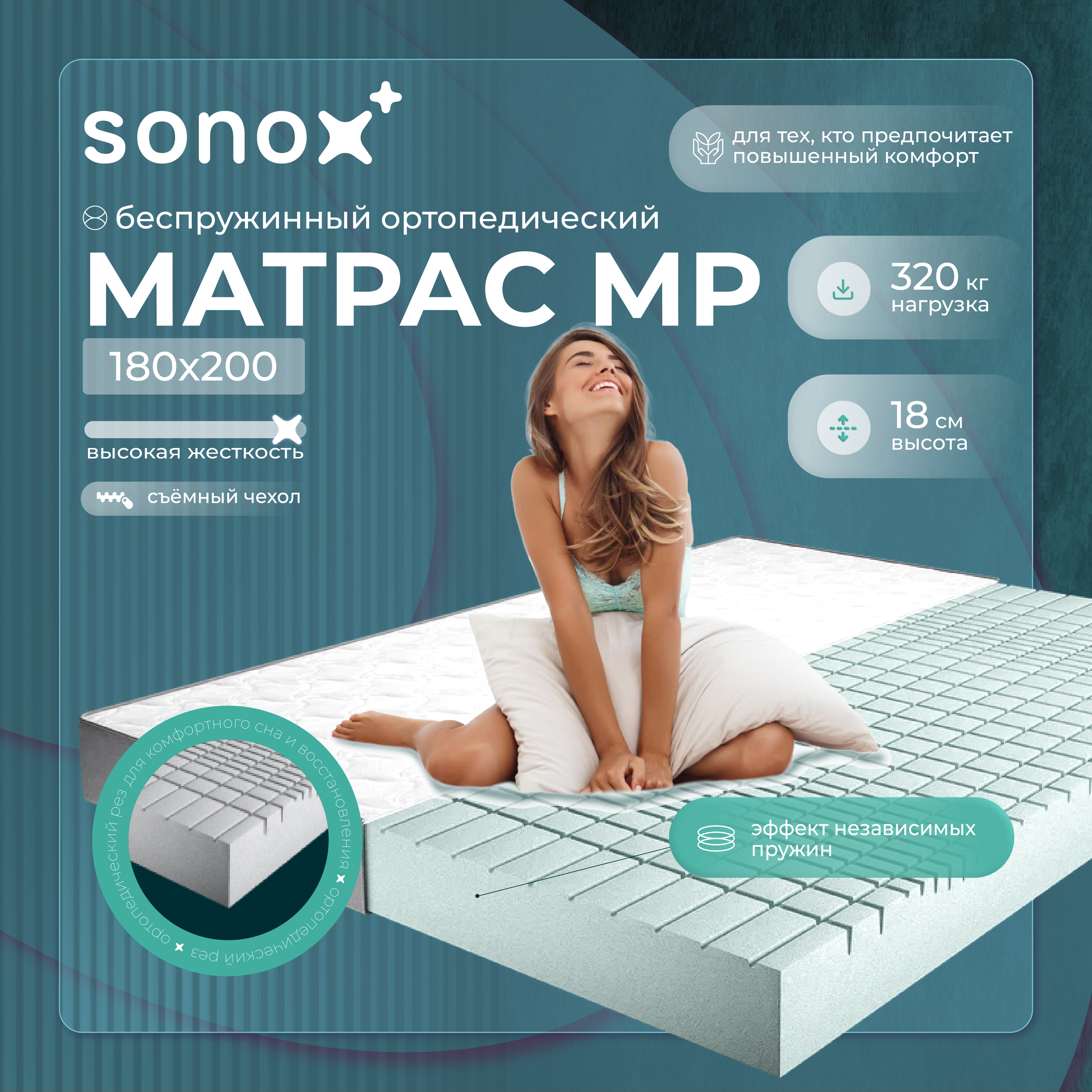 Матрас анатомический SONOX 180х200 беспружинный 7 зон жёсткости со съёмным чехлом MP180200