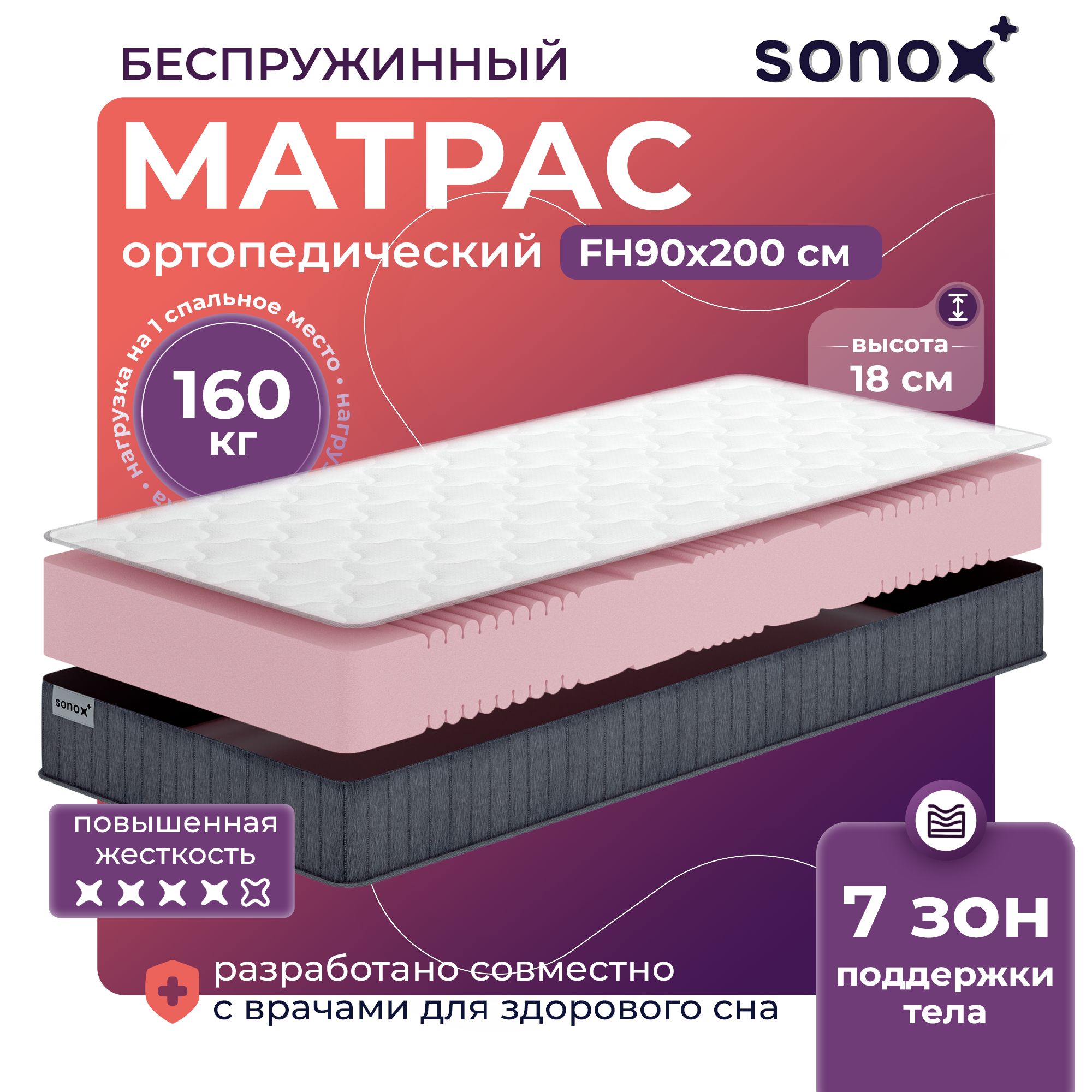 Матрас анатомический SONOX 90х200 беспружинный двусторонний 7 зон жёсткости FH90200