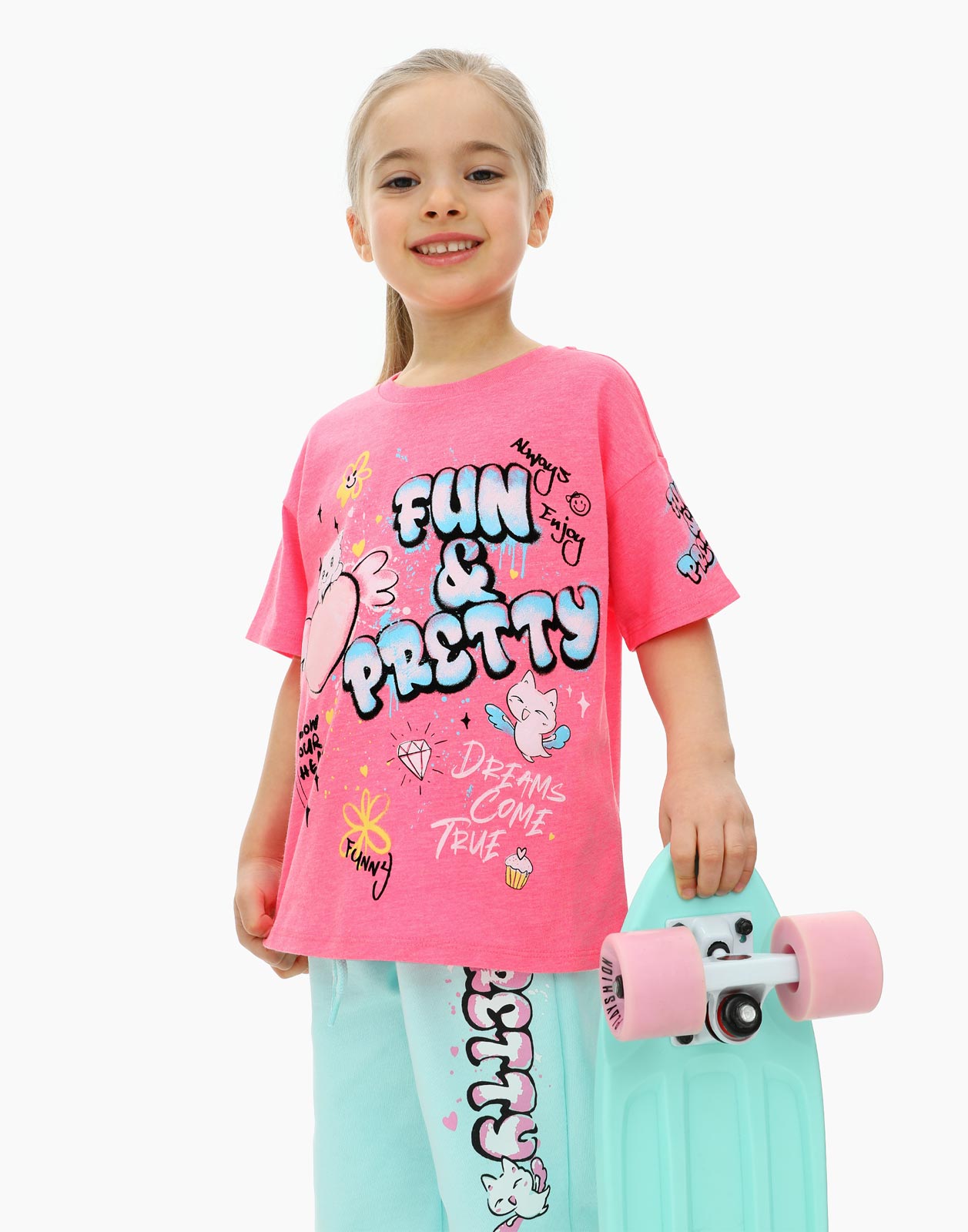Розовая футболка oversize с принтом для девочки 3-4г/104