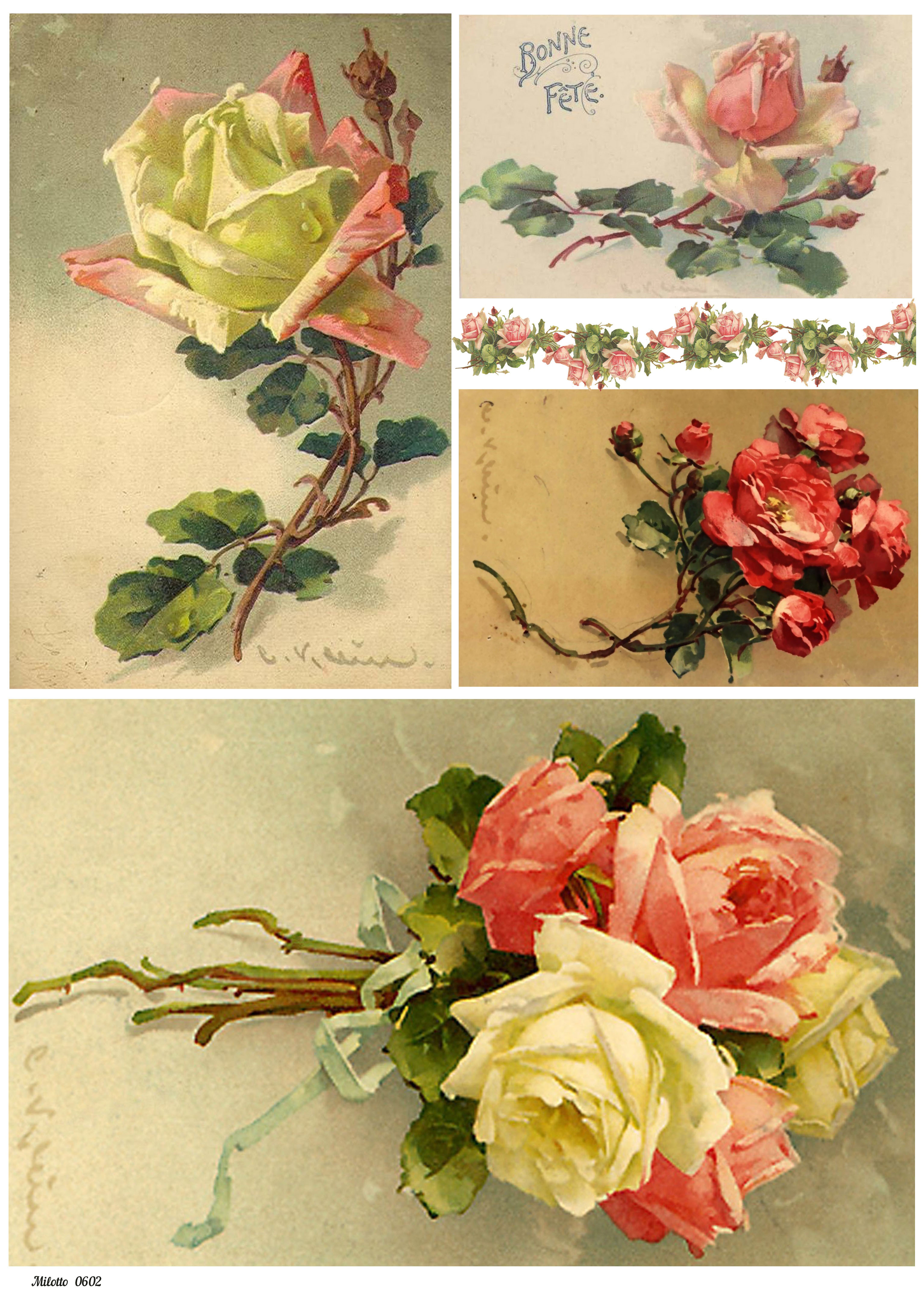 

Рисовая бумага для декупажа А4 Milotto 0602 цветы розы винтаж крафт