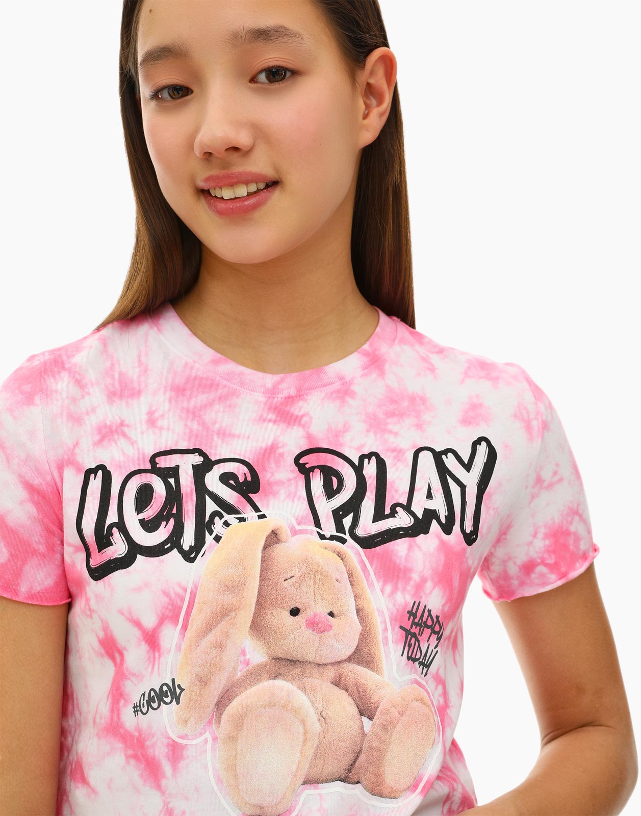 Розовая укороченная футболка с принтом для девочки 8-10л/134-140