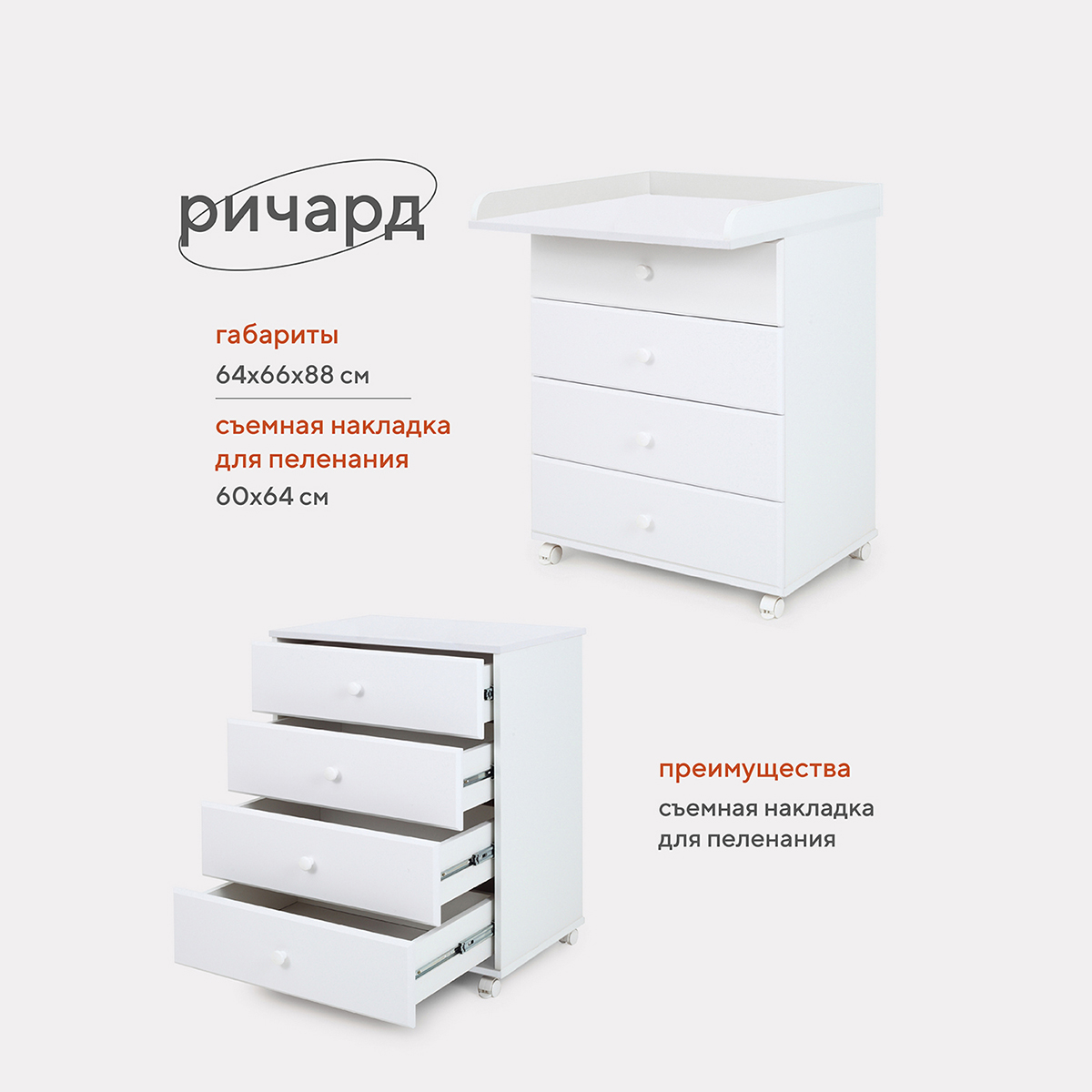 Комод Топотушки Ричард 4 ящ МДФ 600/4 белый NEW