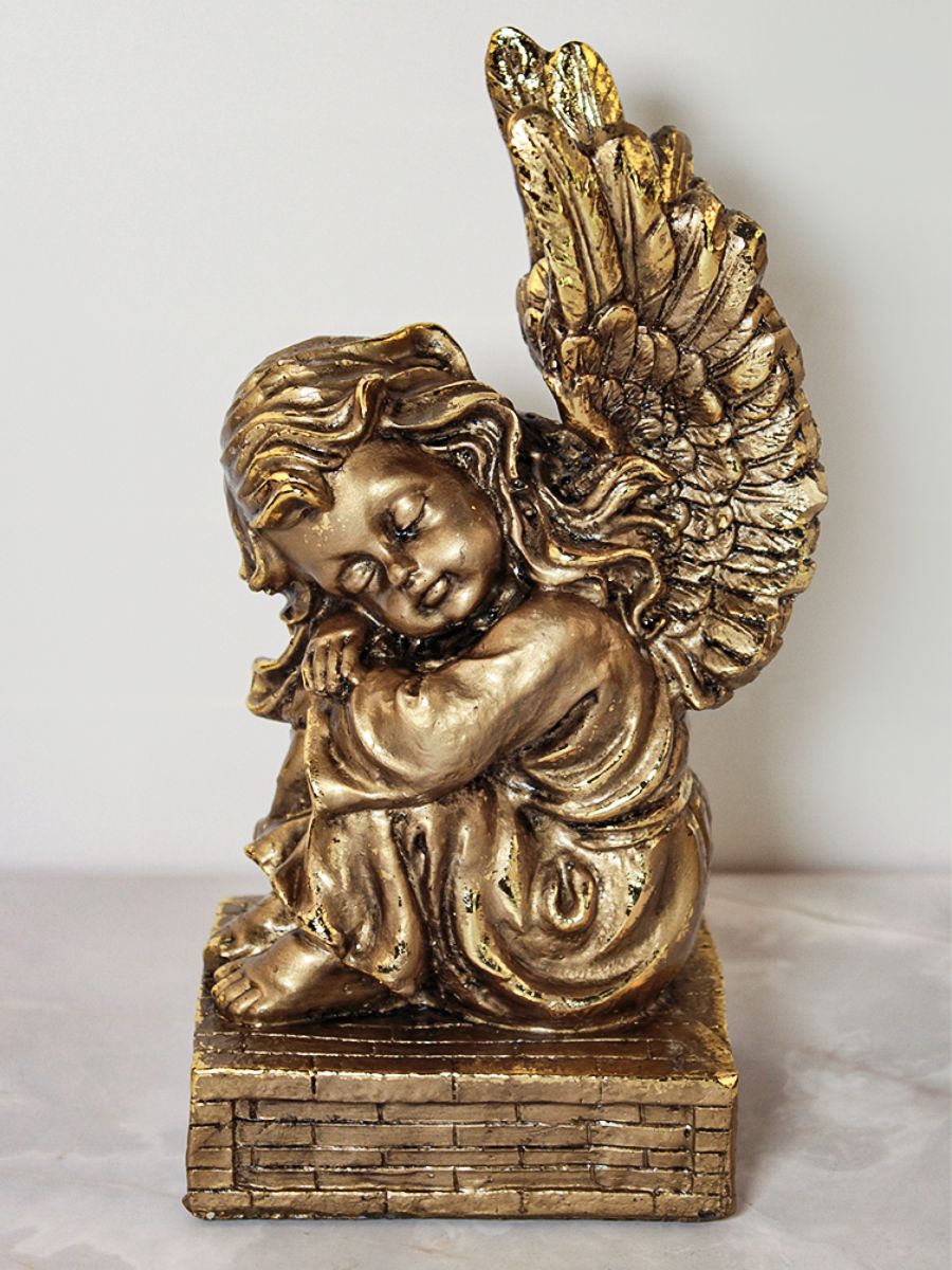 фото Скульптура ломоносовский фарфор спб f002/2 ангелочек на пьедестале полистоун высота 20 см.