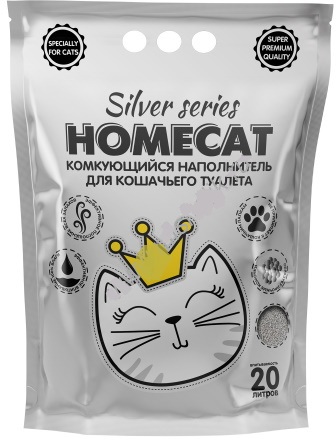 фото Комкующийся наполнитель для кошек homecat silver series бентонитовый, 5 кг, 20 л