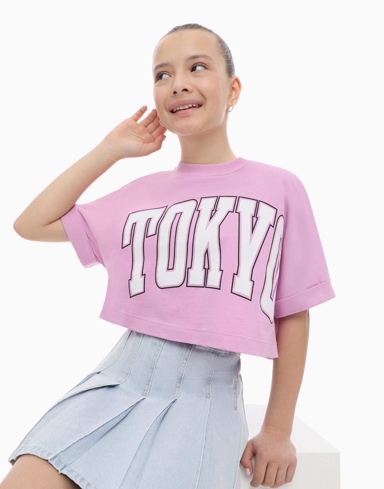 Розовая укороченная футболка oversize с принтом для девочки 12-14л/158-164