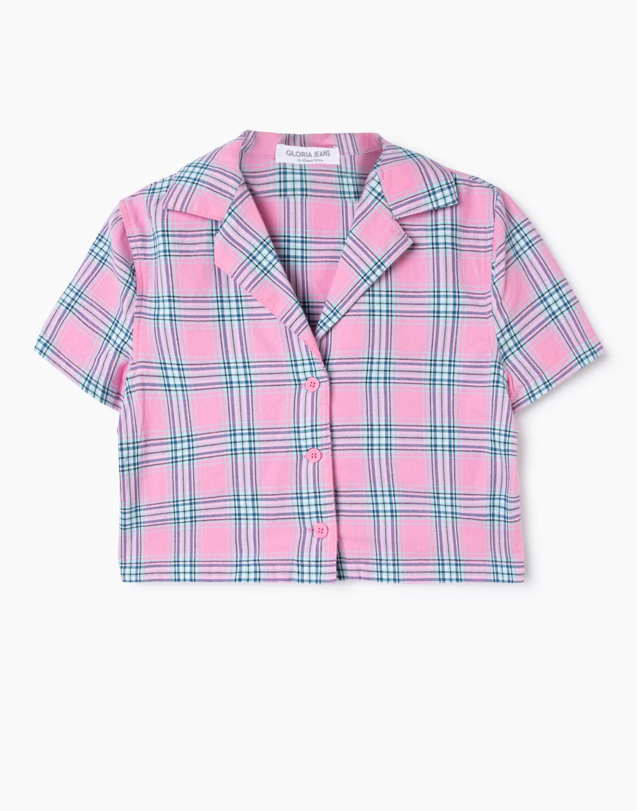 Розовая укороченная рубашка в клетку для девочки р.116