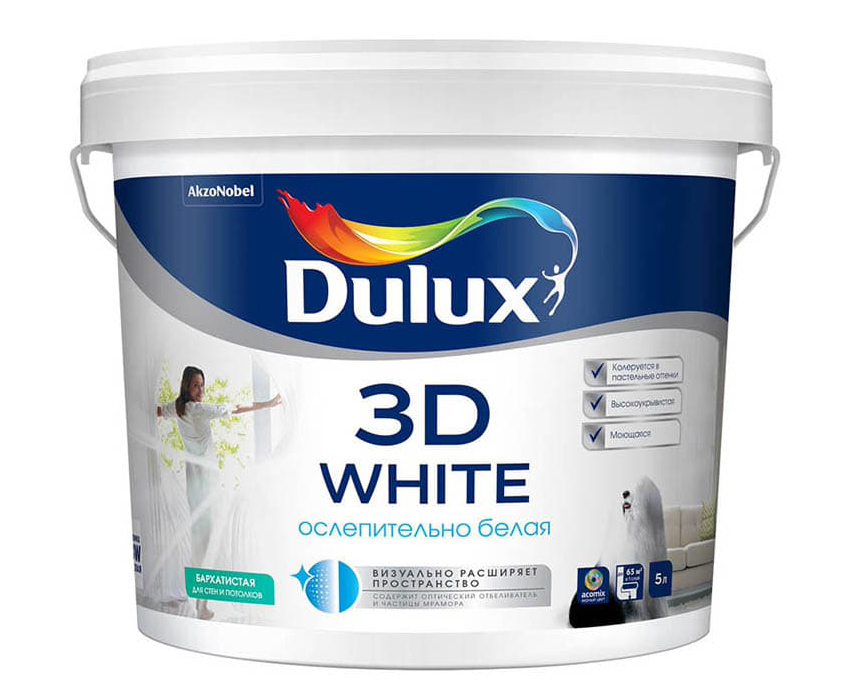 фото Краска для стен и потолков водно-дисперсионная dulux 3d white бархатистая база bw 5 л