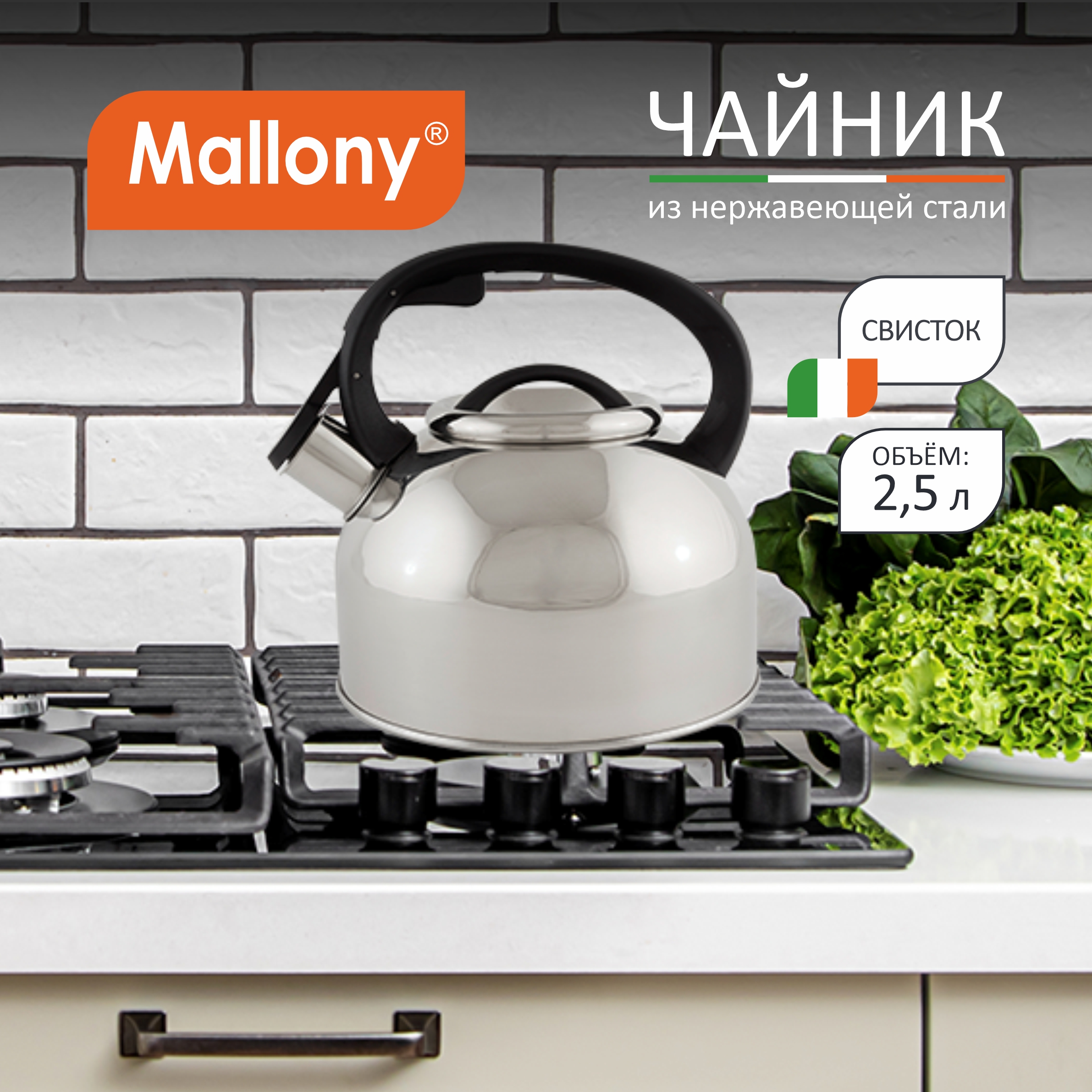 Чайник для плиты MALLONY Arte из нерж стали со свистком 25л 2099₽